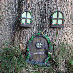 Jetcloud Mini Fairy Door for Tree, Home Miniature Window and Door with Fairy Lamp Glow In Dark Creative Garden Sculpture for Trees Decoration Garden Lawn Ornament