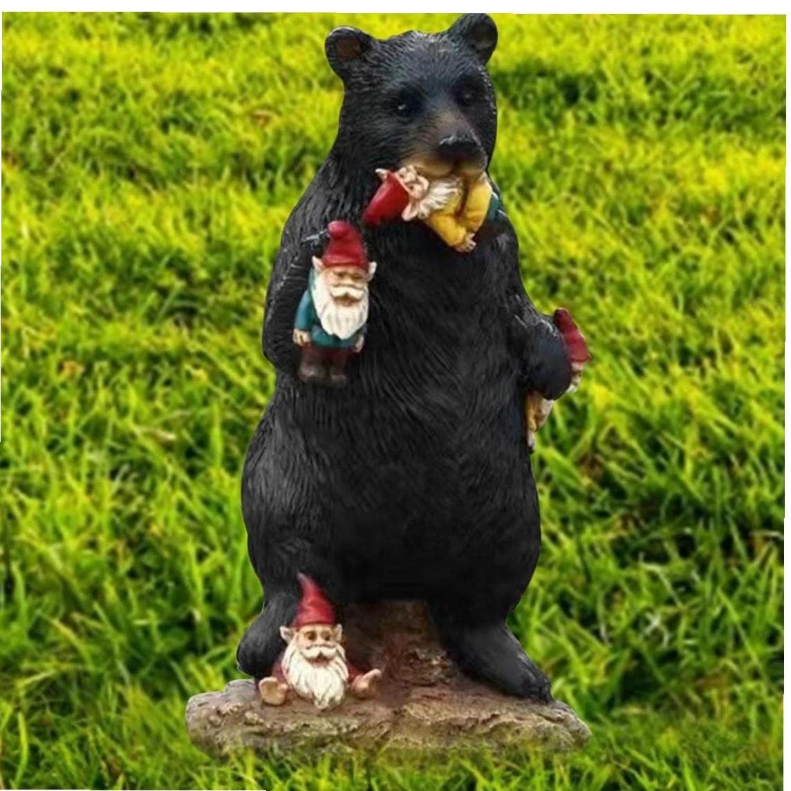 PiniceCore Black Bear Eating Gnomes Funny Statue Resin Ornaments Decoration Indoor Outdoor Garden Lawn Patio