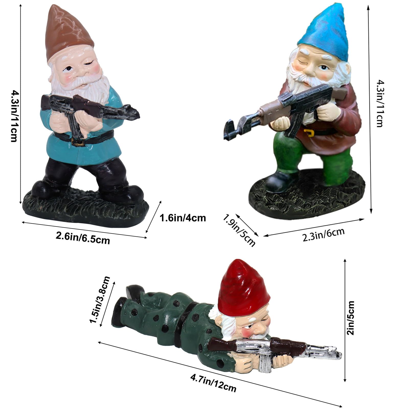3PCS Garden Gnomes with Gun, Gnome Soldiers Military Army Garden Gnome, Tactical Statue for Indoor Outdoor, Patio, Yard, Lawn Ornaments, Home Décor