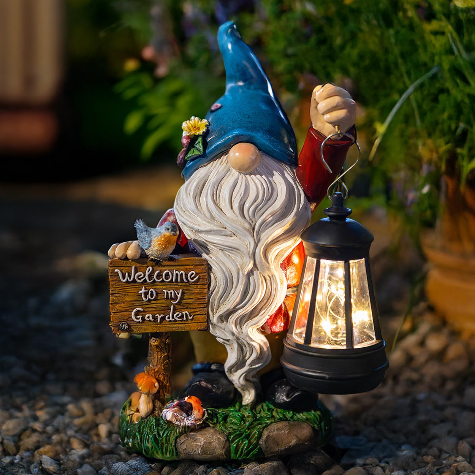 C&Y&G&X Garden Gnome Statue,Outdoor Gnome Decor Solar Lantern Lights and Welcome Sign,Yard Art Decorations, Ideal Housewarming Gift