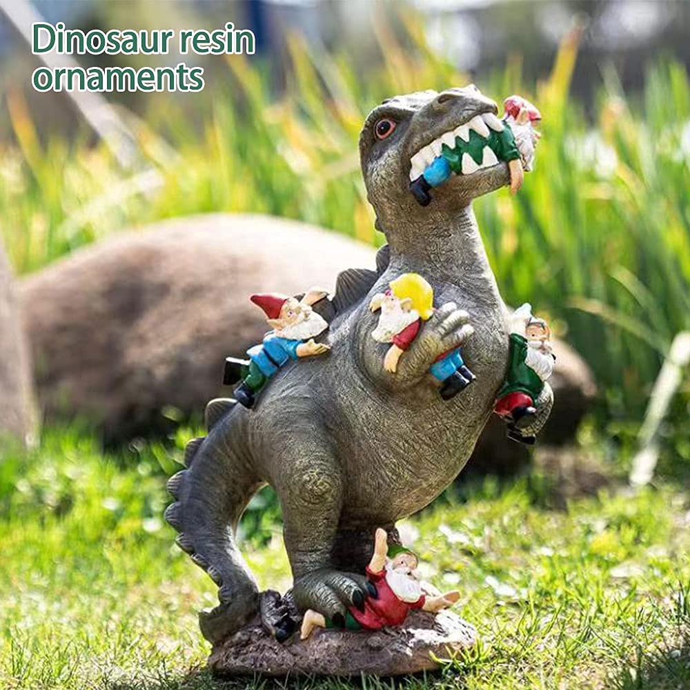 Garden Gnome Ornaments, Waterproof Eco-friendly Dinosaur Eating Gnomes Figurines Miniature Resin Statues for Yard Lawn Patio Party Halloween Decorations, 15*10*6