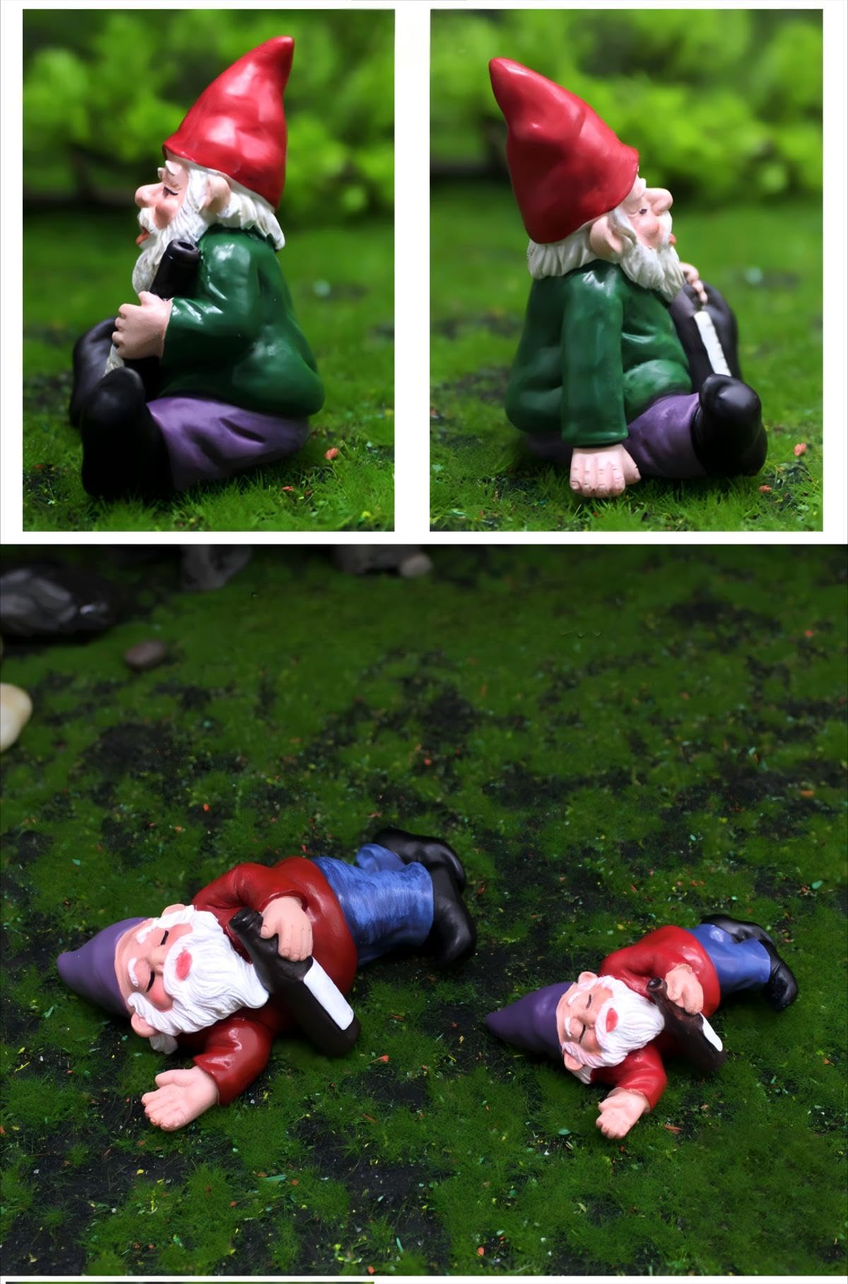 Set of 4 Mini Garden Gnomes with Campfire - 3 Drunk Gnome Figurines and 1 Campfire for Fairy Garden Decor, Plant Pot Decorations, Dashboard Ornaments, and Outdoor Spaces