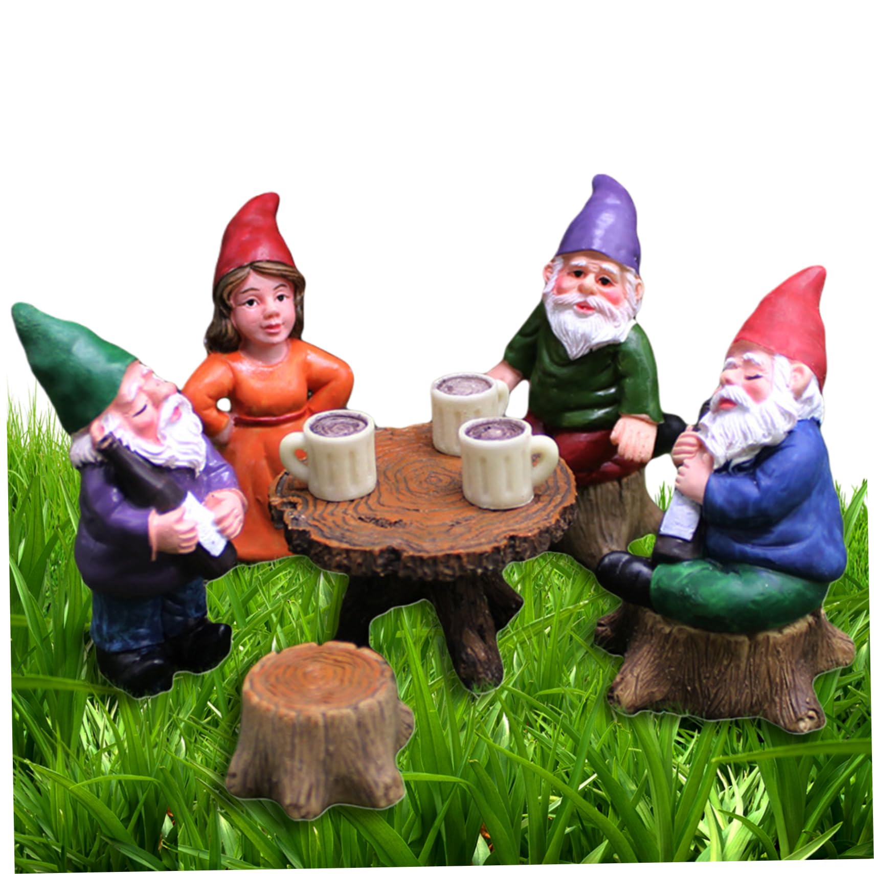 Dbvnnsy 6Pcs/Set Garden Gnome Figurines Set Resin Miniature Gnomes Statue with Table and Stool Cute Yard Ornaments Collectible Decoration for Garden Outdoor Lawn