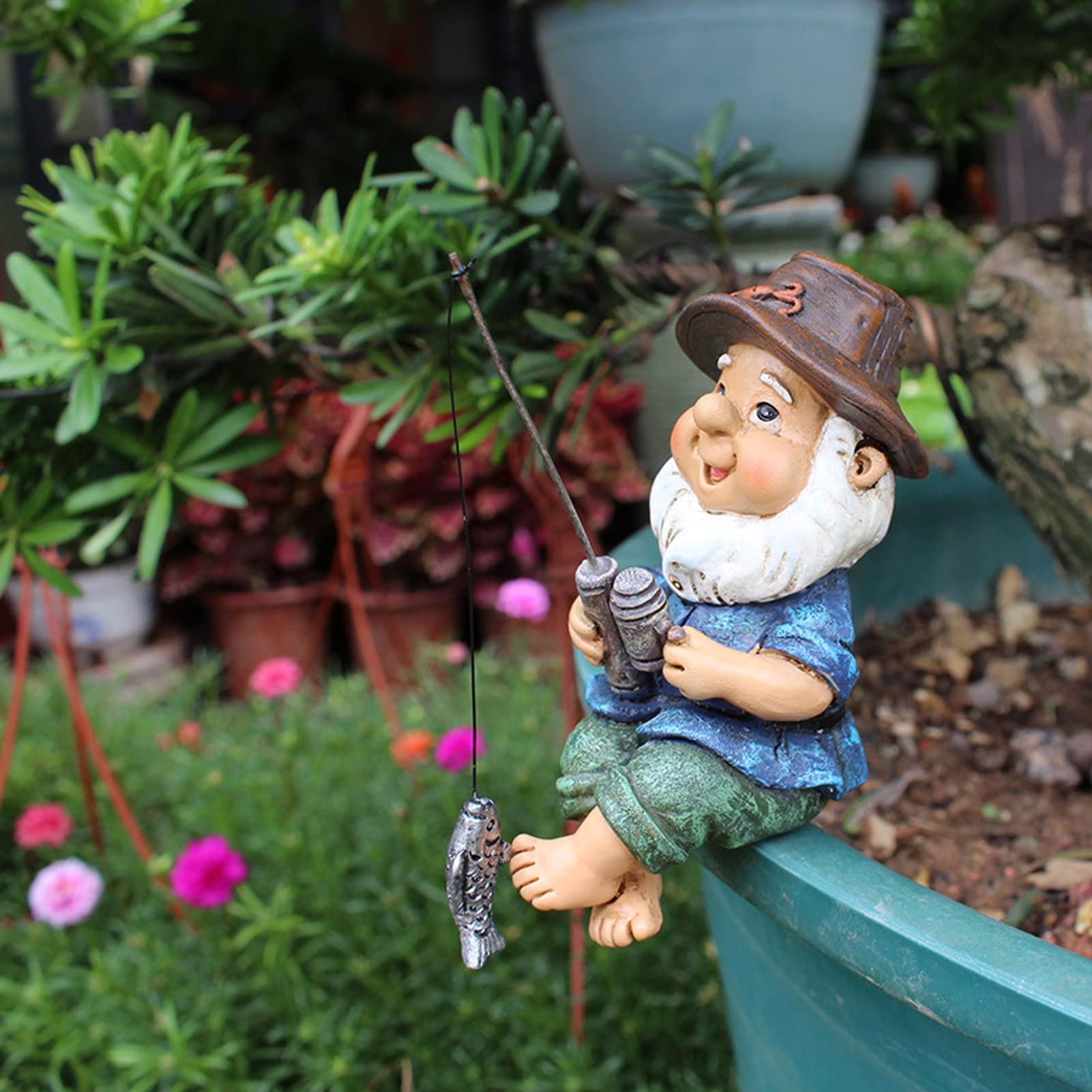 LEEZAD Fishing Gnome Sitter Statue, Gravel and Resin Casting Decorations, Interesting Seated Fishing Gnome Statue for Indoor/Outdoor Pond, Garden Patio