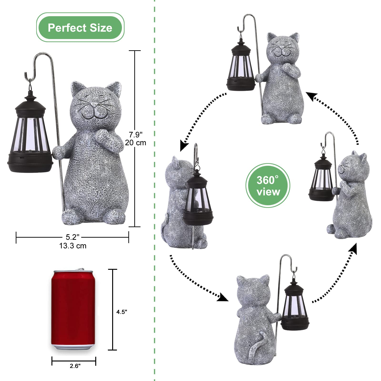 Solar Cat Statue Garden Ornament with Lantern - Weatherproof Outdoor Grey Figurine for Patio, Balcony, Fairy Gardens | 19.5cm Unique Gift for Women/Men/Mum (Birthday, Christmas)
