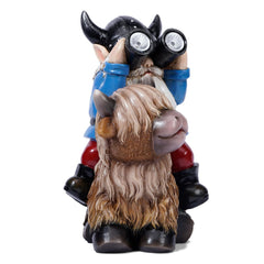Joint Honglin Garden Gnome Statues Resin Gnome Sitting on Highland Cow Solar Lights Outdoor Telescope Gnome Gifts for Yard, Patio Decor Gift(Cow Gnome)