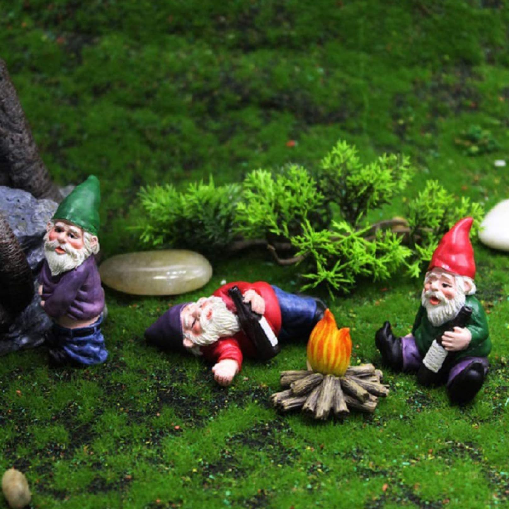 Drunk Gnomes for Garden, 3PCS Mini Gnomes with 1PC Fire, Resin Fairy Garden Gnomes, Funny Naughty Gnomes for Outdoor Indoor Patio Yard Lawn Porch 1