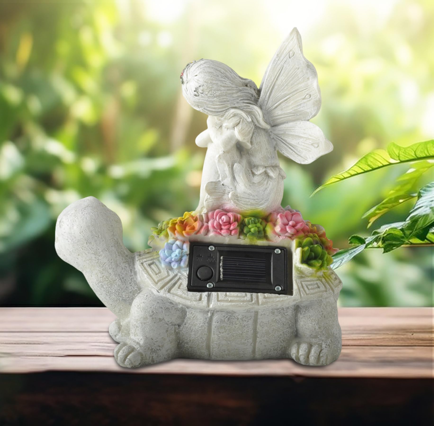 Solar Fairy Garden Statue - Angel Fairy on Turtle Figurine Outdoor Statue, Lovely Tortoise Garden Statue with 5 LED Lights Succulent Plants, Perfect Balcony Lawn Garden Decor Gift for Mom or Grandma