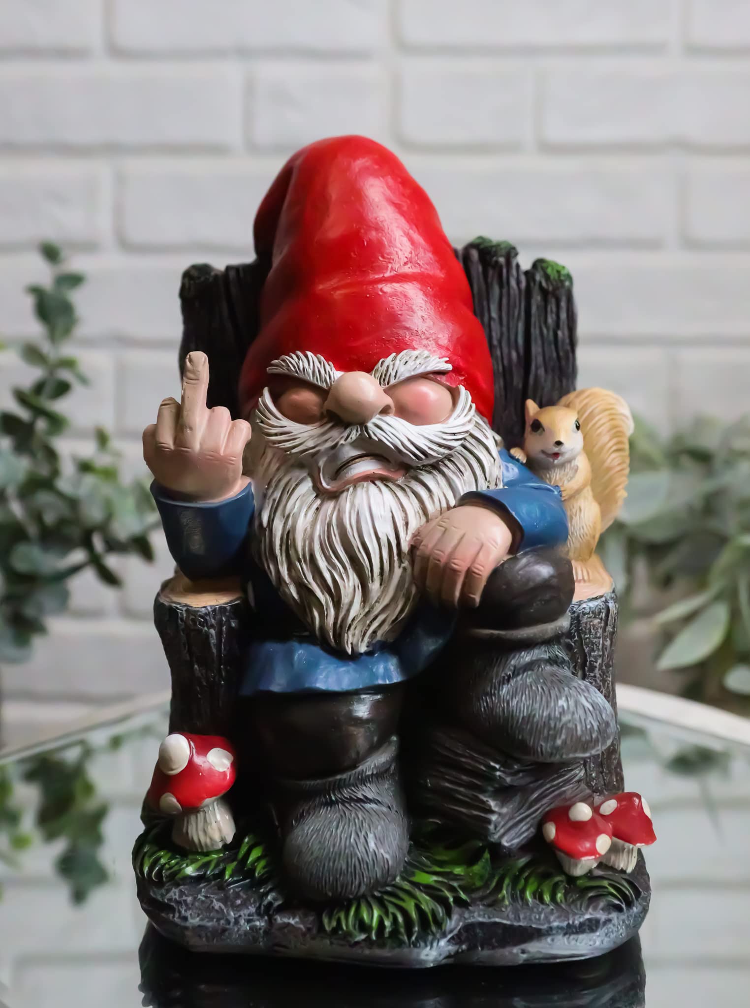 Ebros Gift Rude Mean Garden Greeter Go Away! Mr Gnome Dwarf with Squirrel On Tree Logs Chair Flipping The Bird Middle Finger Figurine As Whimsical Decor Magical Fantasy Gnomes