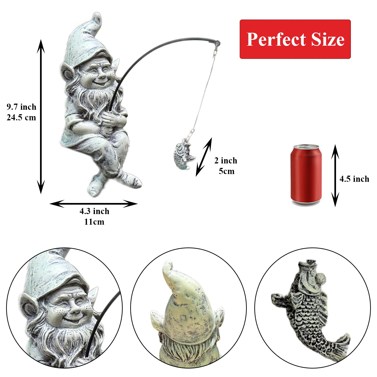 GARDEN WHISPER Gnome Statue Outdoor Garden Pond Koi Decoration, Fishing Gnome Sculpture Garden Koi Pond or Waterfall Decor, 9.7" Dwarf Fishing Poolside Statue, Great Gifts for Mom (Cartoon Style)