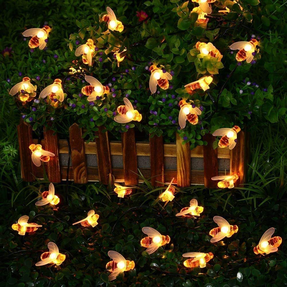 Solar Garden Lights, Honey Bee Fairy String Lights, 7M/24Ft 8 Mode Waterproof Outdoor/Indoor Garden Lighting for Flower Fence, Lawn, Patio, Festoon, Summer Party, Christmas, Holiday(Warm White)