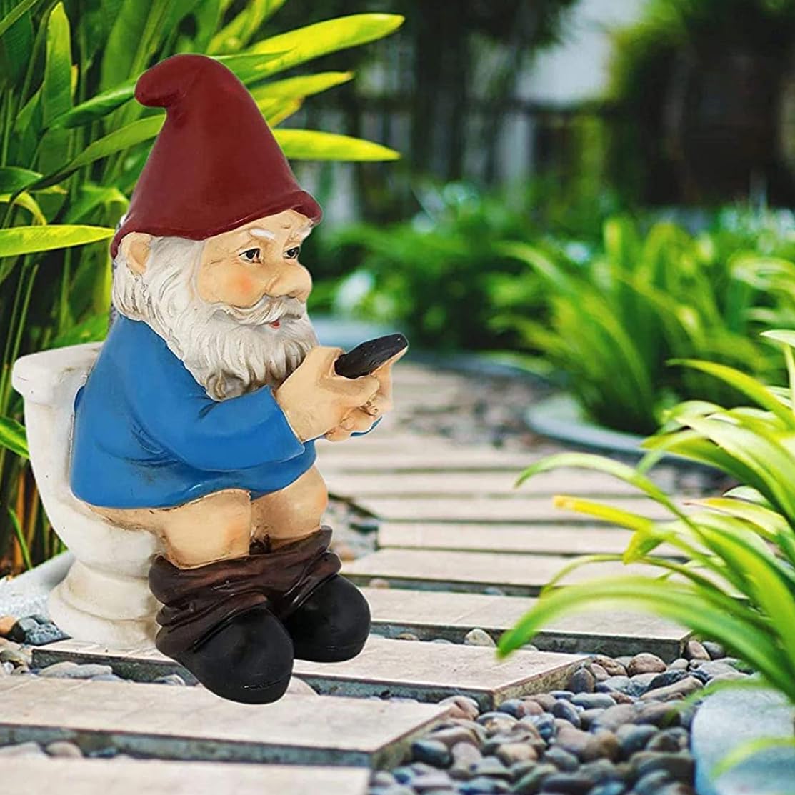 Garden Ornaments, Funny Garden Gnome Ornament Naughty Garden Gnome on a Toilet Garden Gnome Figurine Funny Gnomes Set for Yard Lawn