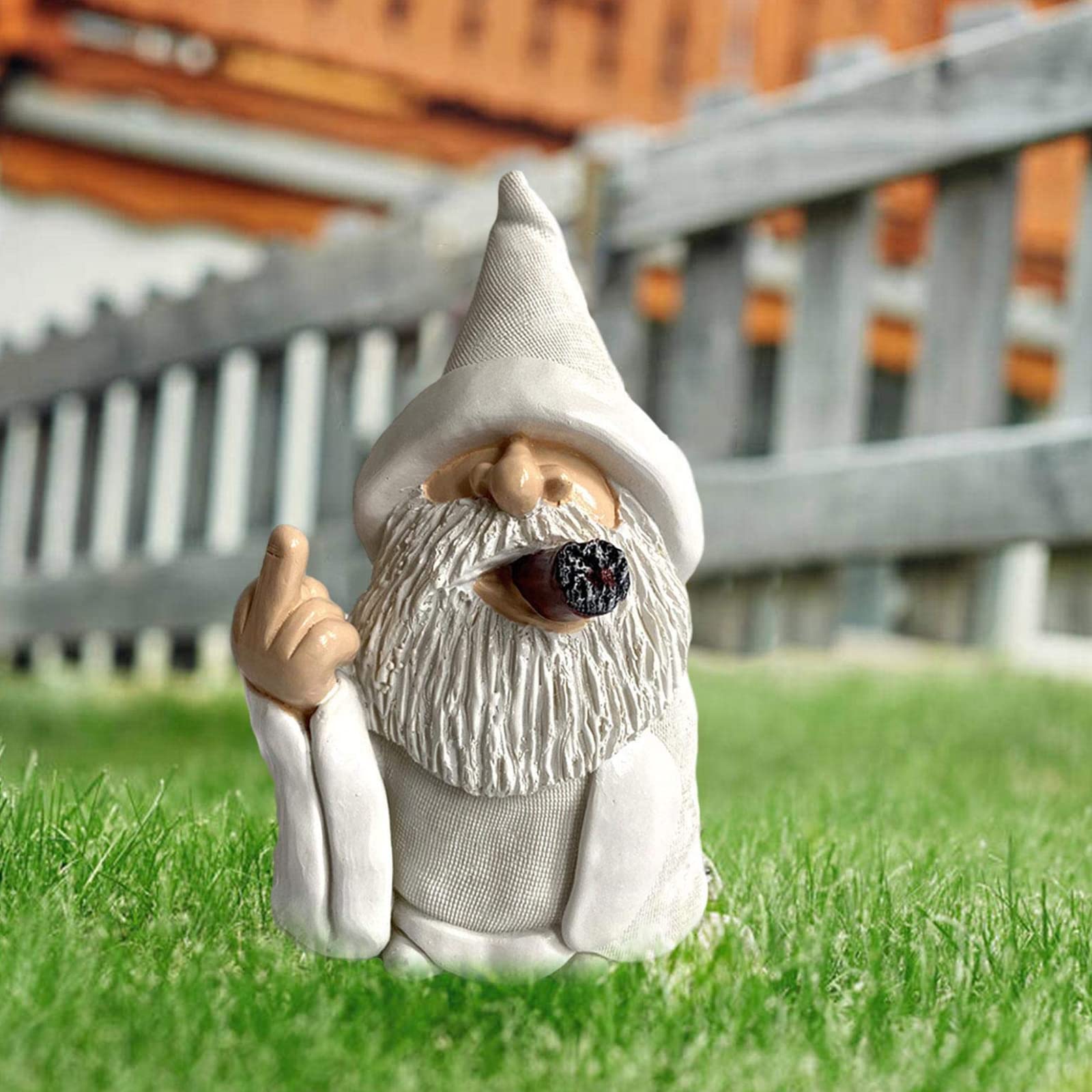 Garden Gnome Dwarf Statue Ornament - White Robe Smoking Dwarf Craft. Whitebeard Gnome Resin Outdoor Decoration, Smoking Wizard Gnome Statue