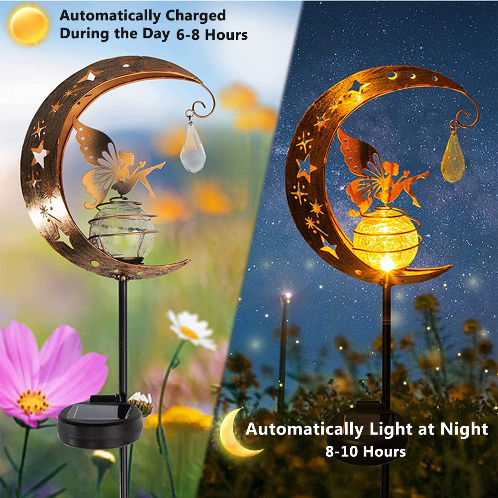 BomKra Solar Garden Ornaments Outdoor Fairy Solar Light Moon Star Crackle Glass Ball Stake Metal Lights Decorative Waterproof Warm White LED for Garden Pathway Lawn Patio Grave (A)
