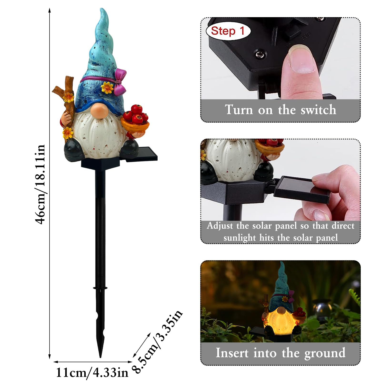 LAIAMER Solar Gnome Garden Lights, Outdoor Gnome Statue with Flowers & Apple, Solar Powered Fairy Garden Lights Gnome Decorations for Home Outside Yard Lawn Patio Gnomes Gifts (Blue)