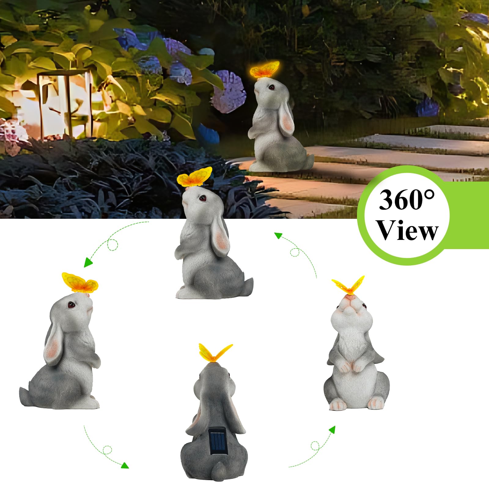 Loofu Solar Garden Rabbit Statue Outdoor Ornament, Butterfly on Rabbit- for Home Lawn Decor Garden Animal Figurine for Patio, Balcony, Yard, Lawn, Innovative Gift, 23cm*15cm*12cm