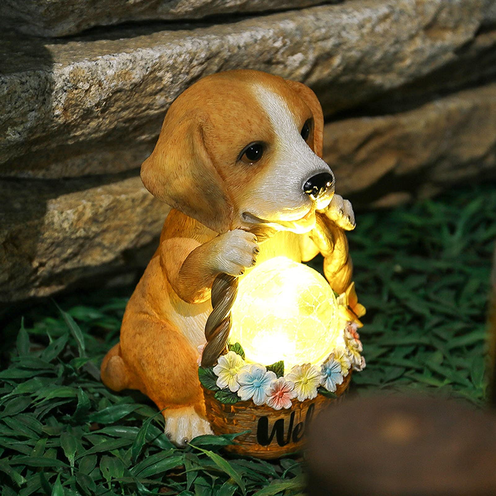 Puppy Garden Ornament Outdoor with Solar Light with Crakle Glass Balls, Resin Garden Statue Figurine for Patio Lawn Yard Decor