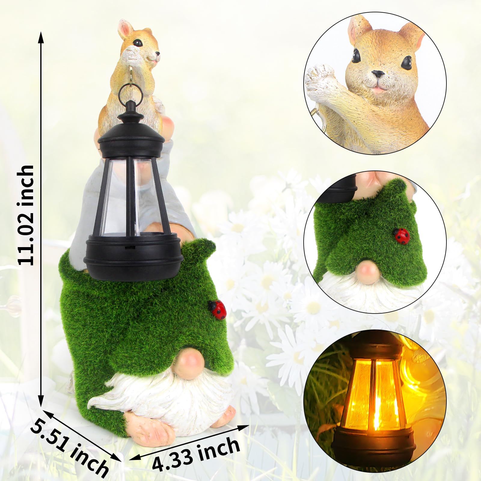 Garden Gnome with Squirrel Outdoor Statue,Flocked Gnome Statue Holding Lantern with Solar Lights,Outdoor Gnomes Decorations for Yard Patio Lawn Porch,Gifts for Mom