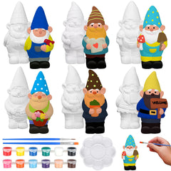 Simgoing 6 Sets Ready to Paint Your Own Garden Gnomes Statues Summer DIY Unfinished Ceramic Gnomes for Painting Figures Plaster Arts and Crafts with Brush Palette for Adults