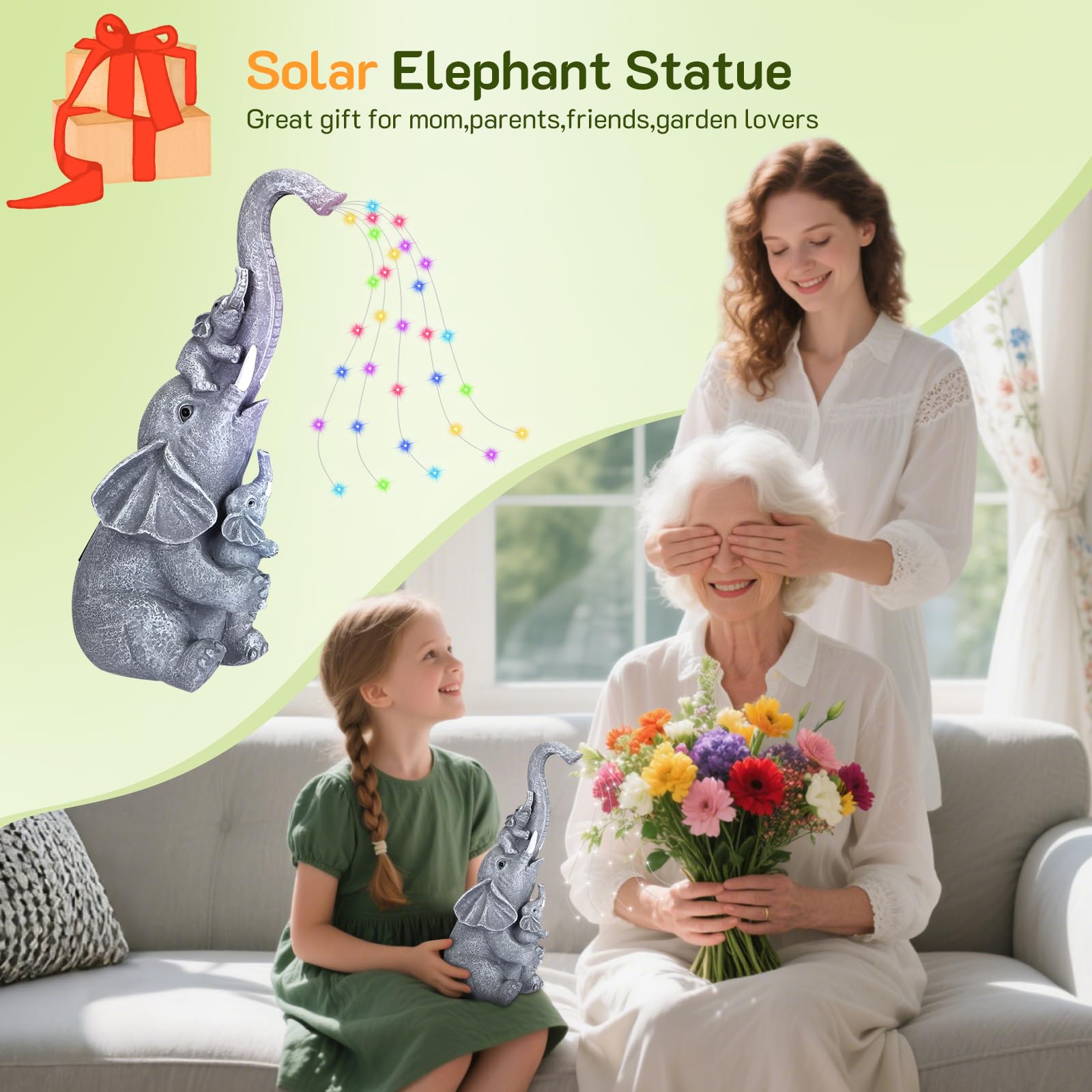 QCXWCJWD Garden Ornaments Outdoor Elephant Statue, 30cm Elephant Statue with Solar Watering Lights, Resin Elephant Ornaments with Solar Lights for Patio Yard, Waterproof Garden Elephant Gifts for Mum