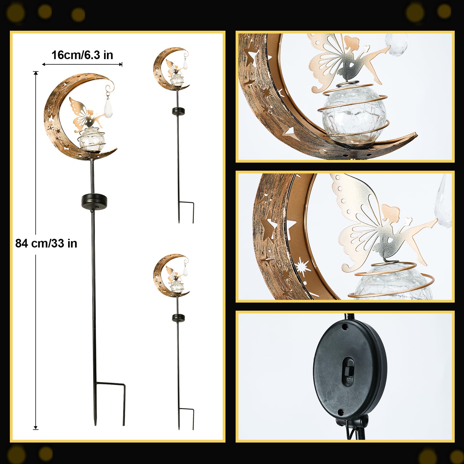 LOVERUIS Solar Garden Lights Outdoor Fairy Moon Lamp Waterproof Moon Garden Solar Light with Crackle Glass Ball LED Stake Lights Angel Decorative for Grave Balcony Lawn Patio Pathway (Fairy)