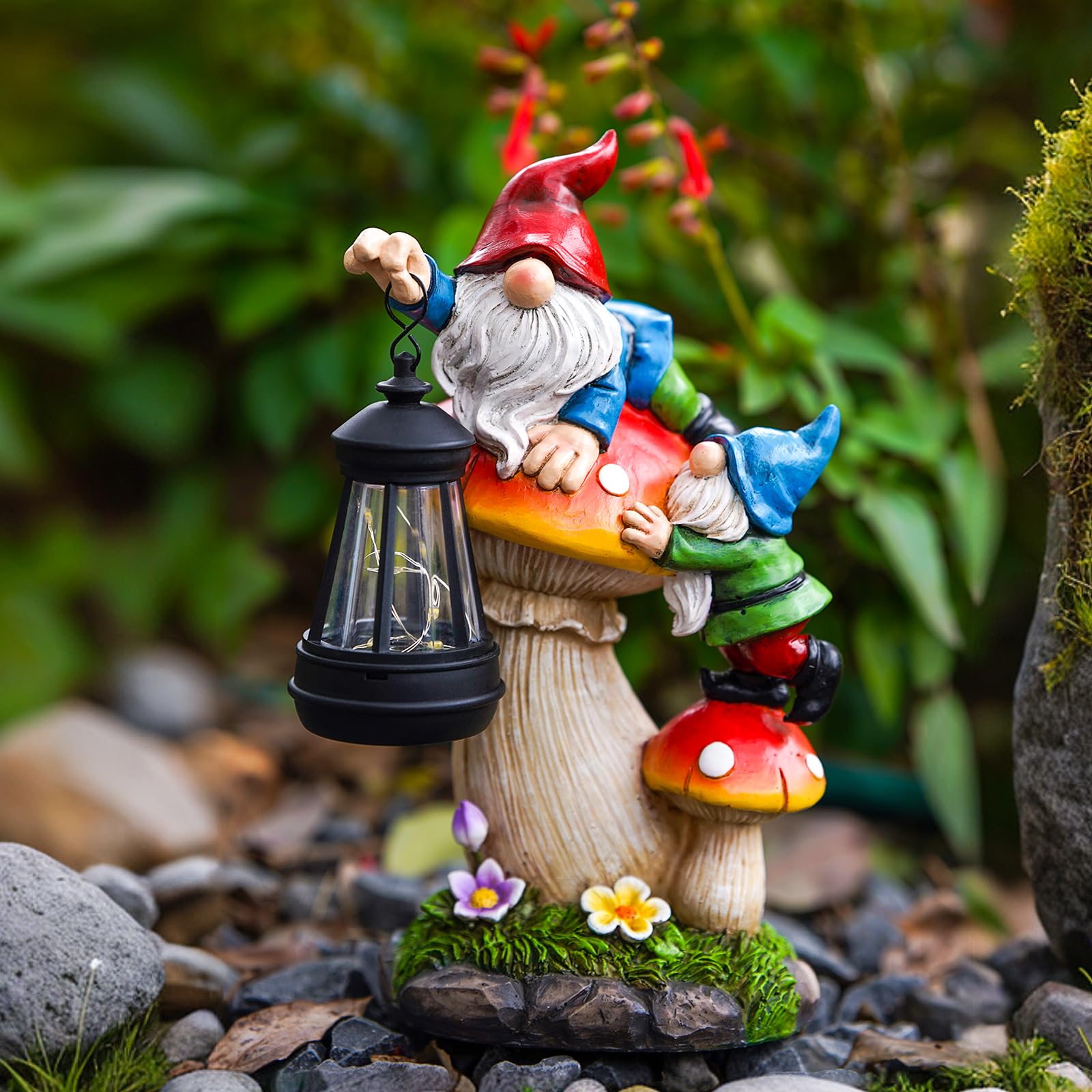C&Y&G&X Solar Garden Gnome, Mushroom Design with Bright Solar Lantern,Cute Gnome Garden Decor