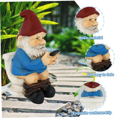 Xoeryoy Gnome Figurines Funny Gnome Statue Sitting on Toilet & Watching Their Cellphone Weather Resistant Resin Statue for Outdoor Garden Yard &