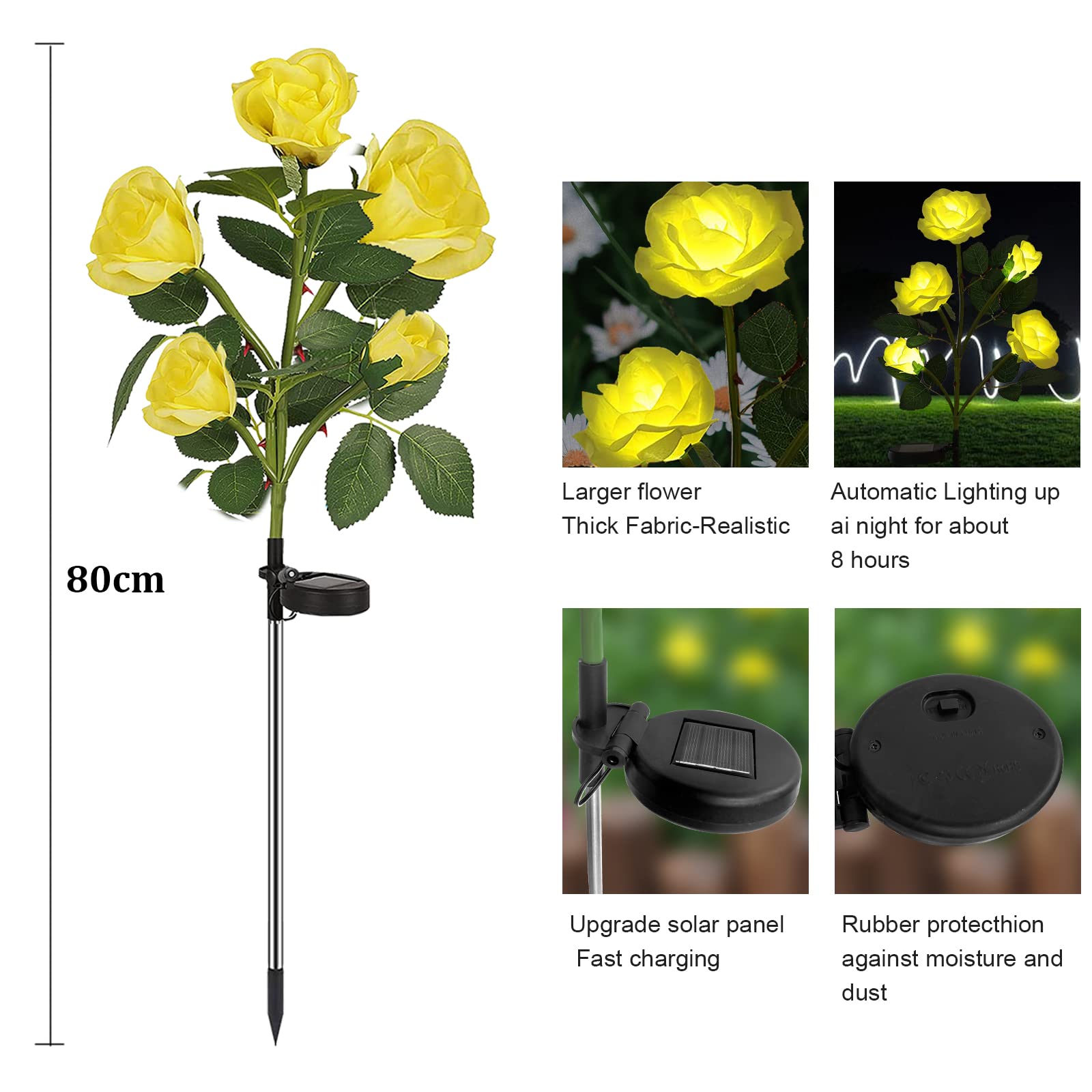 XVZ 2 Pack Solar Powered Rose Lights, Yellow, Waterproof, Outdoor Garden Patio Yard Pathway Party Decoration