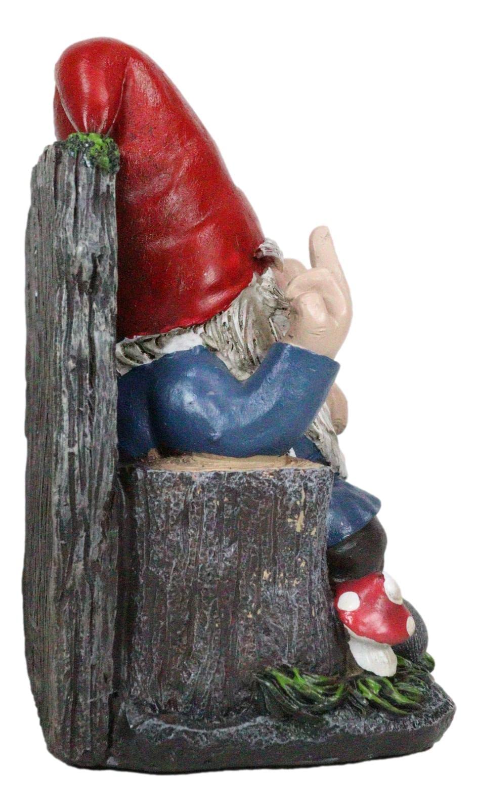 Ebros Gift Rude Mean Garden Greeter Go Away! Mr Gnome Dwarf with Squirrel On Tree Logs Chair Flipping The Bird Middle Finger Figurine As Whimsical Decor Magical Fantasy Gnomes