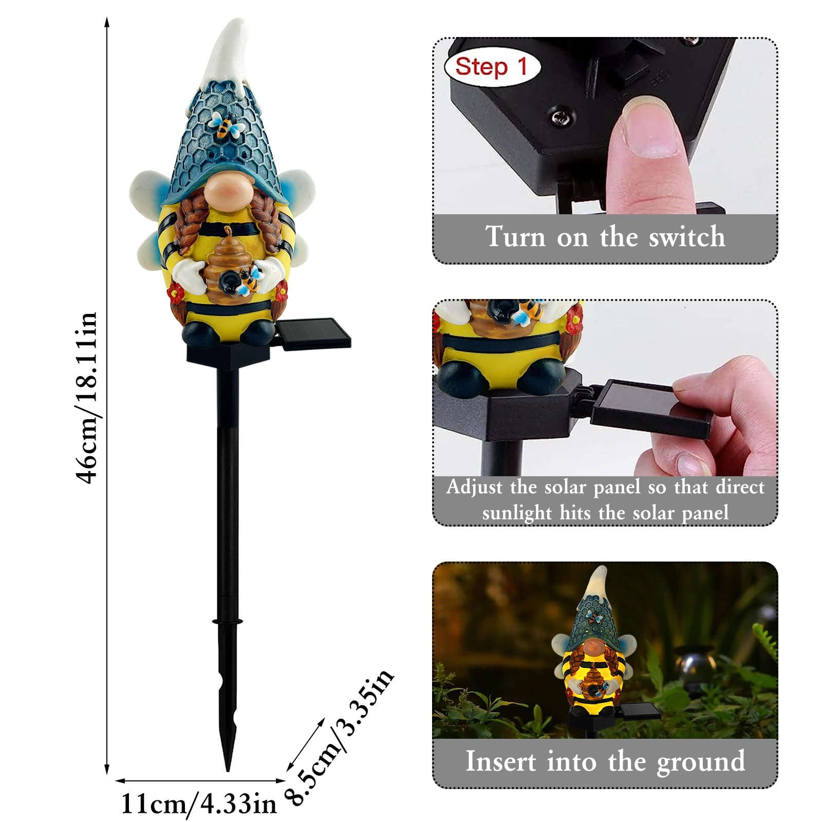 LAIAMER Solar Gnome Garden Lights, Outdoor Gnome Statue with Bees & Honey Jars, Solar Powered Fairy Garden Lights Gnome Decorations for Home Outside Yard Lawn Patio Gnomes Gifts (Bee)