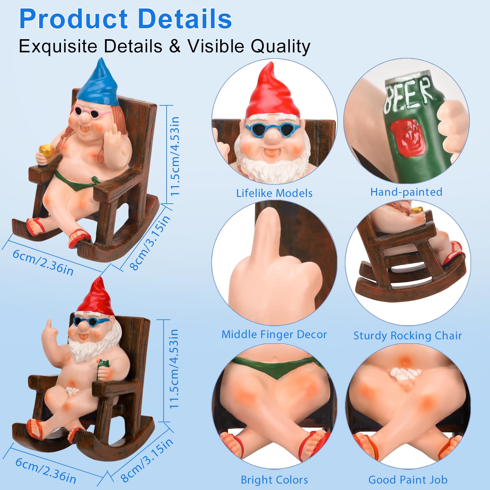 SepApr88 Garden Gnomes, Funny Naughty Naked Gnomes Figurines in Rocking Chair, Outdoor Garden Yard Lawn Statues, Middle Finger Resin Decor for Home Office（2Pcs, Sitting）