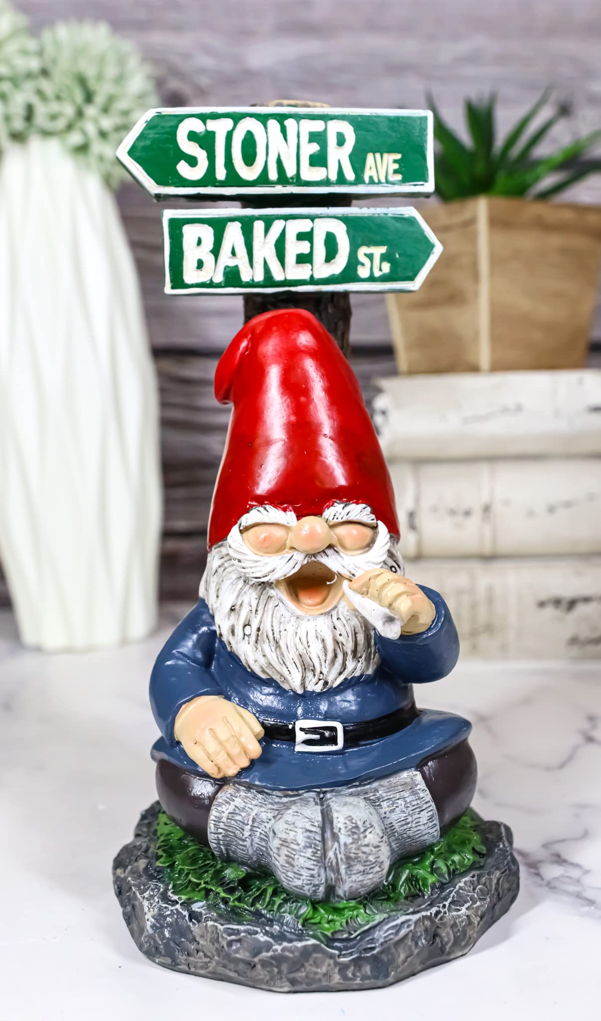 Ebros Gift Whimsical Carefree Gypsy Life Mr Gnome Dwarf Stoner Smoking Rolled Stash Sitting by Crossroads Stoner Ave and Baked St Figurine Fantasy Gnomes Fairy Garden Home Decor