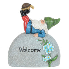 Garden Gnome Welcome Pebble Ornament Novelty Resin Decoration Outdoor - Green Hat