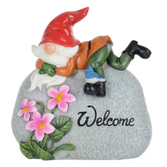 Garden Gnome Welcome Pebble Ornament Novelty Resin Decoration Outdoor - Red Hat