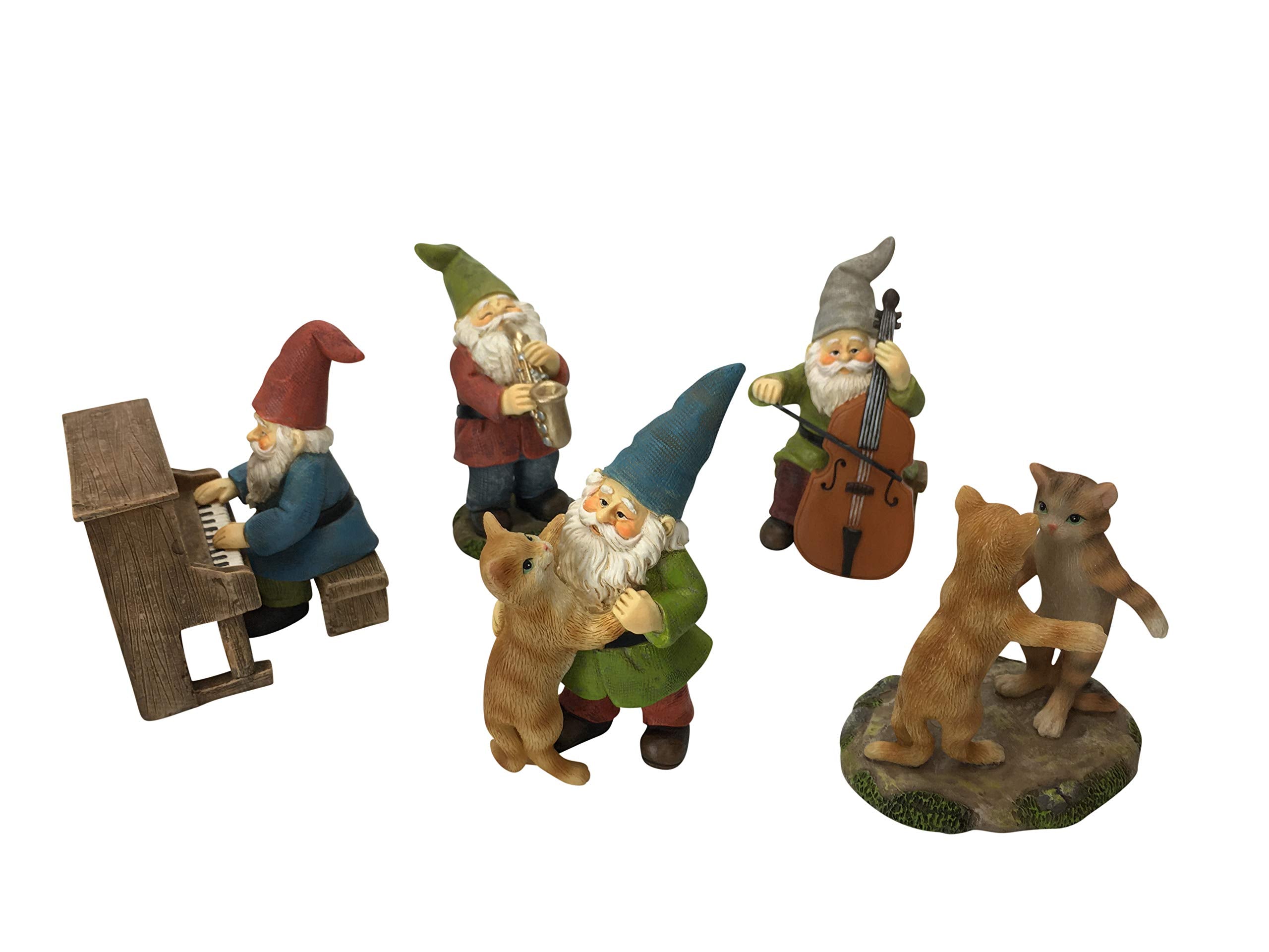 GlitZGlam Happy Miniature Gnomes and Cats Dancing Celebration! - 6-Piece Musical Garden Gnome Set for the Miniature Fairy Garden