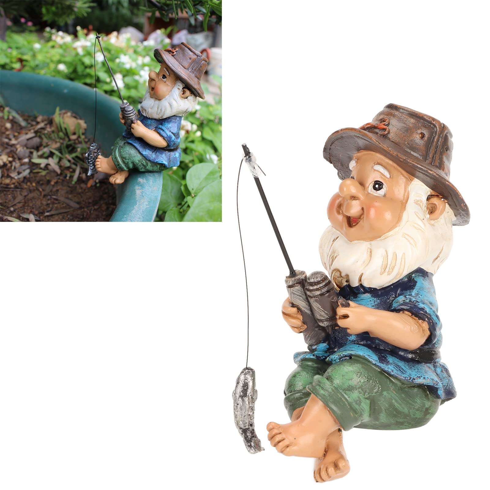 LEEZAD Fishing Gnome Sitter Statue, Gravel and Resin Casting Decorations, Interesting Seated Fishing Gnome Statue for Indoor/Outdoor Pond, Garden Patio