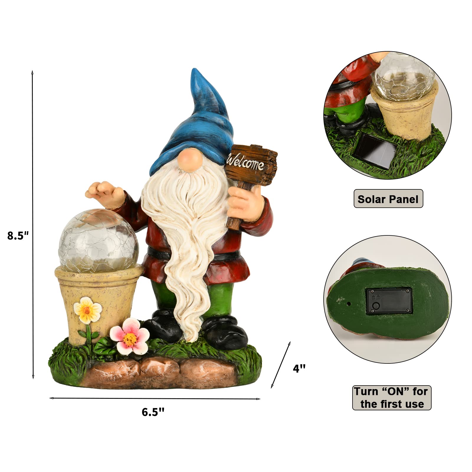 DiliComing Solar Garden Gnomes Outdoor Statues - Cute Gnome Statue with Welcome for Yard Patio Porch Lawn, Resin Gnome Figurine with Solar Light for Thanksgiving and Christmas