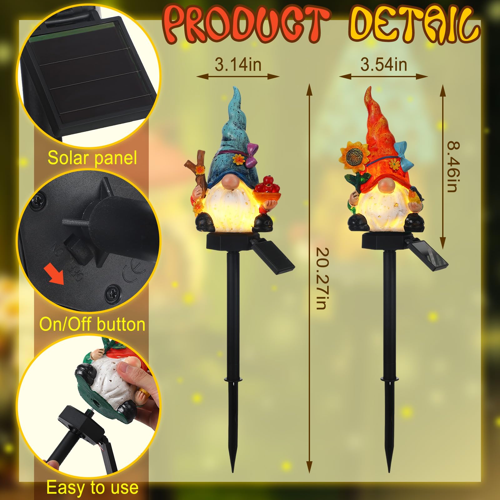 Rossesay - Set of 2 Solar Gnome Lights, Outdoor Pathway Decor, Decorative Stakes for Garden, Home, LED Landscape Lighting for Lawn, Walkway, Yard,