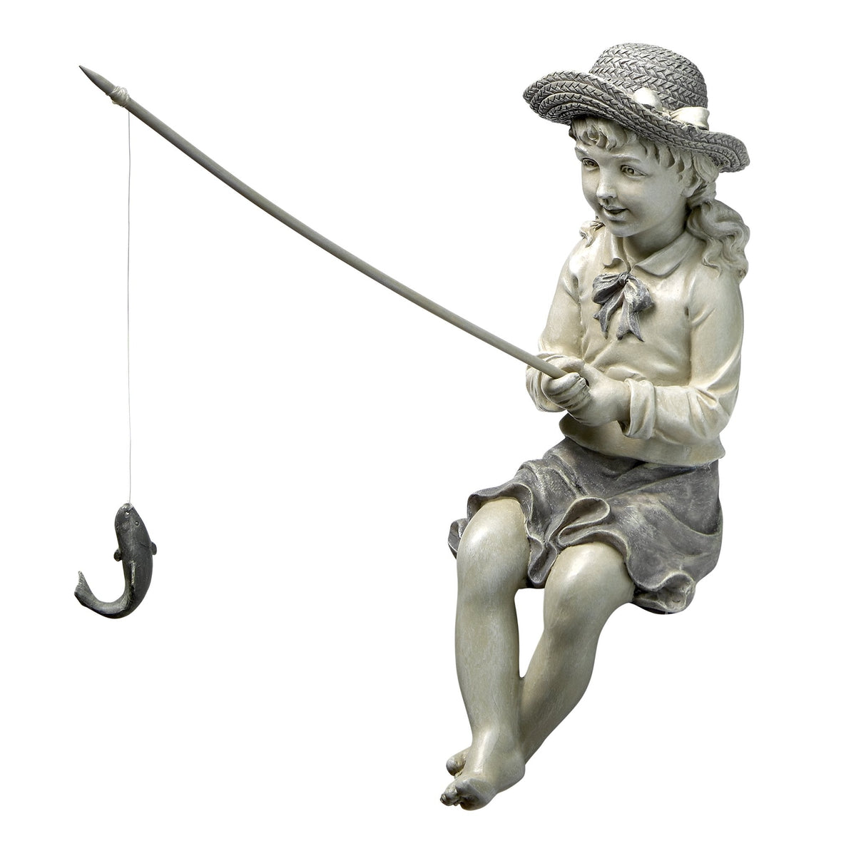 Design Toscano EU9305 Big Catch Fisherwoman Girl Fishing Garden Statue, 28 cm, Polyresin, Two Tone Stone