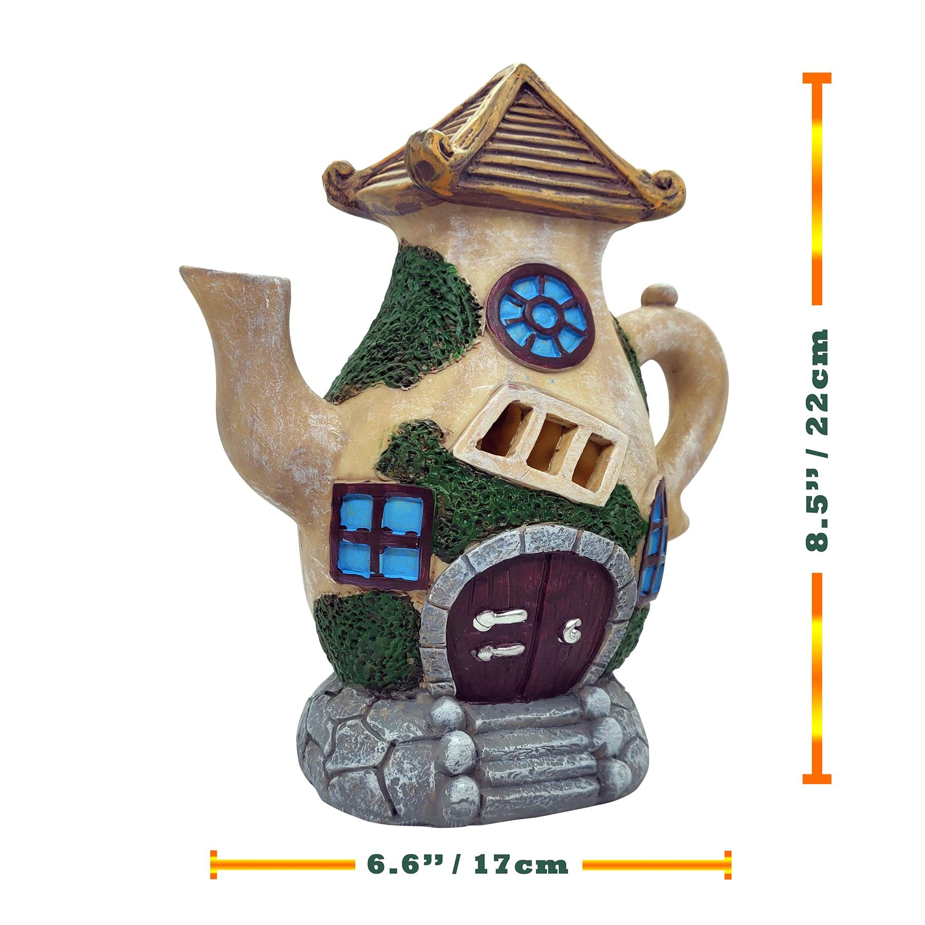 ALT90 Solar Fairy Garden Teapot House and Doors LED Illuminated Outdoor Ornaments Weatherproof [Solar Teapot House]