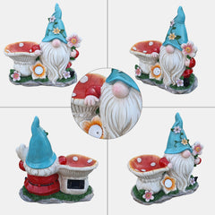 Outdoor Solar Gnome Sculpture Feeder - Outdoor Sculpture Bird Eating Bird Bath Solar Lighting Blue Hat Gnome Decoration Outdoor Decoration Resin Garden Statue Backyard 11 Inch