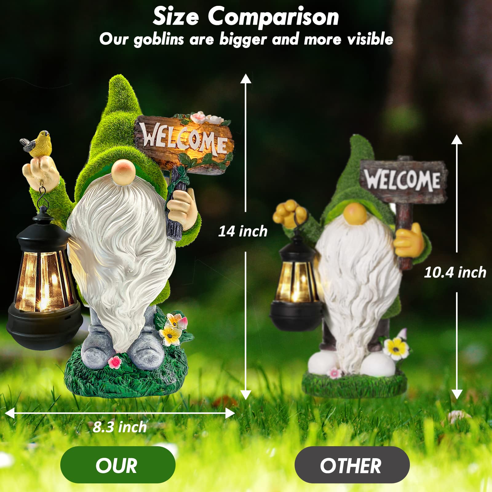Lovinland Garden Gnome Statue Outdoor Decor Large Flocked Resin Gnome Figurine with Solar Light Holding Lantern Welcome Sign Garden Yard Decorations Dwarf Sculpture for Outside Patio Porch Lawn Decor