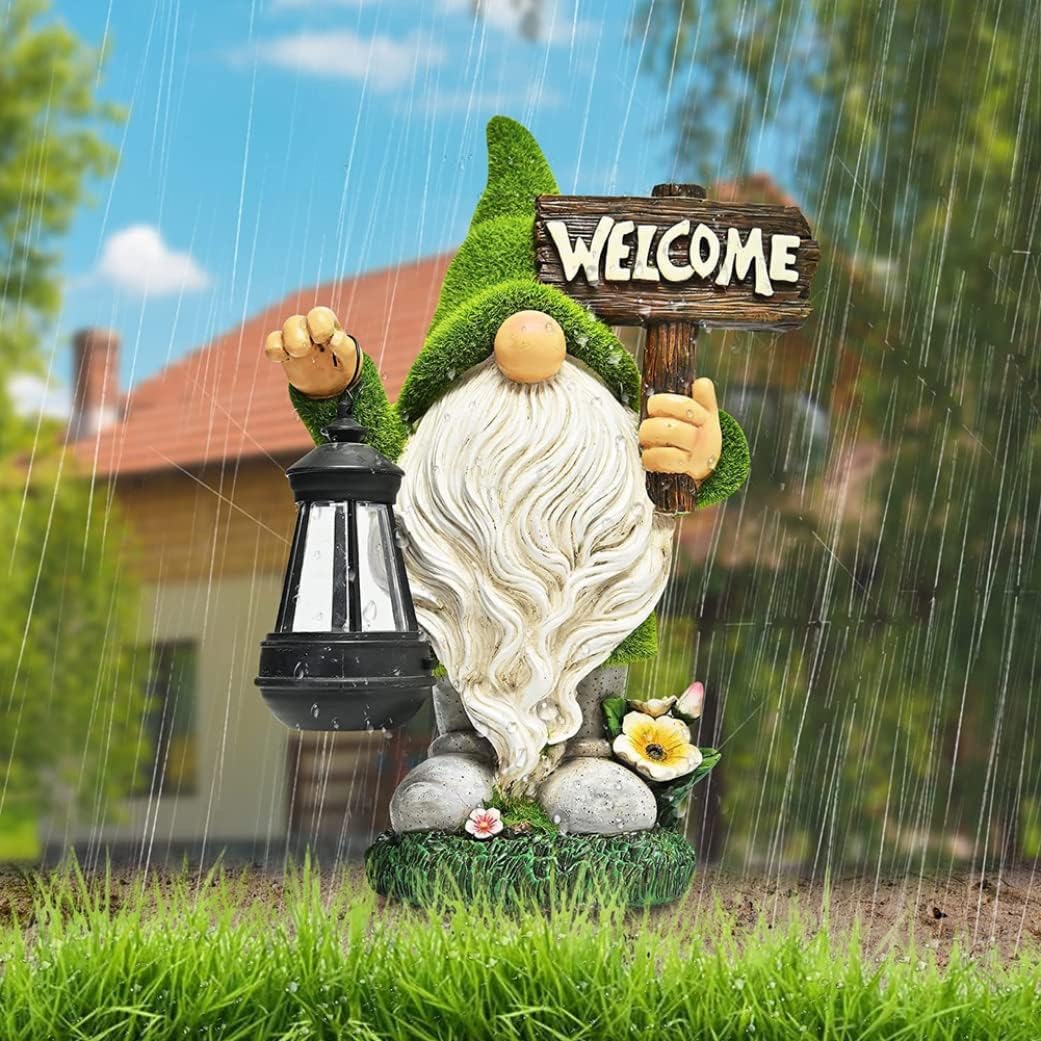 Garden Gnome with Solar Light, Resin Funny Gnomes Sculptures Outdoor Yard Lawn Decor Lantern Solar Gnomes Garden Ornaments for Lawn Garden Decorations