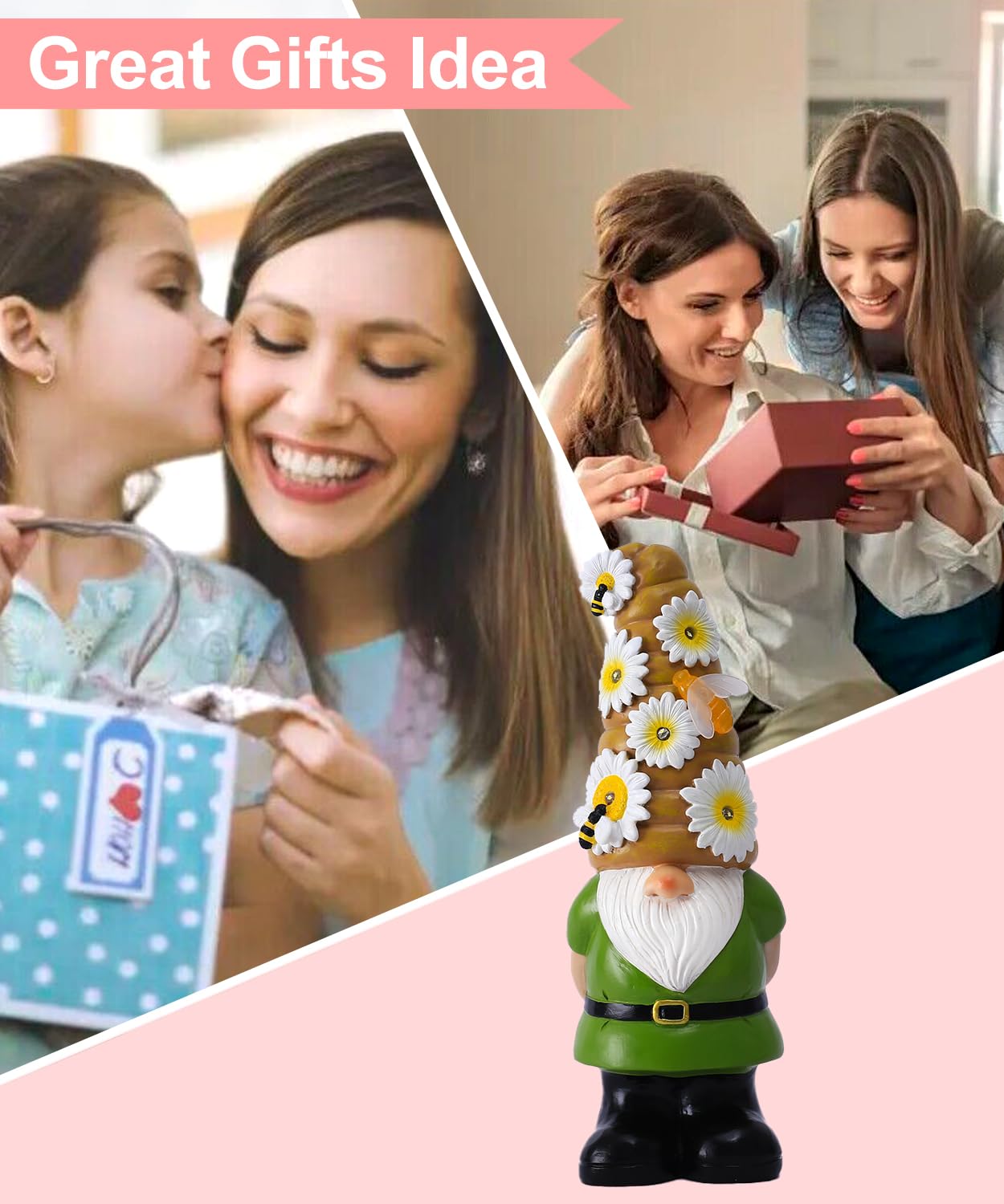 Yeomoo Funny Garden Gnomes with Flowers Solar Lights Ornaments: Outdoor Gnome with Bee Solar Decor Gifts for Women Men Mum Birthday
