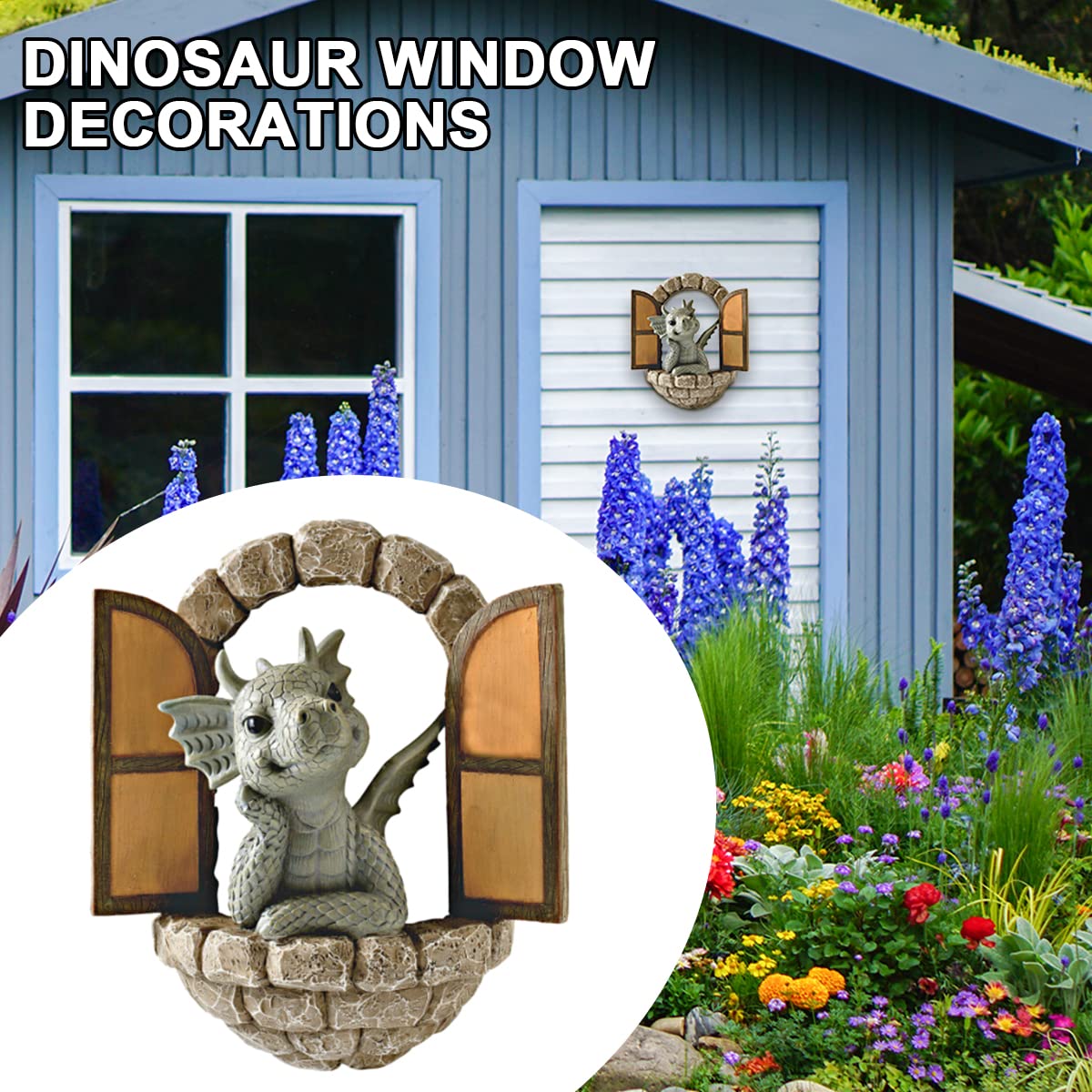 Courtyard Dinosaur Sculpture Wall Decoration, Weatherproof Resin Garden Statue Dinosaur Gnome Miniatures, Cute Dragon Garden Ornaments for Indoor Outdoor Wall Art Patio Yard Landscaping Decoration