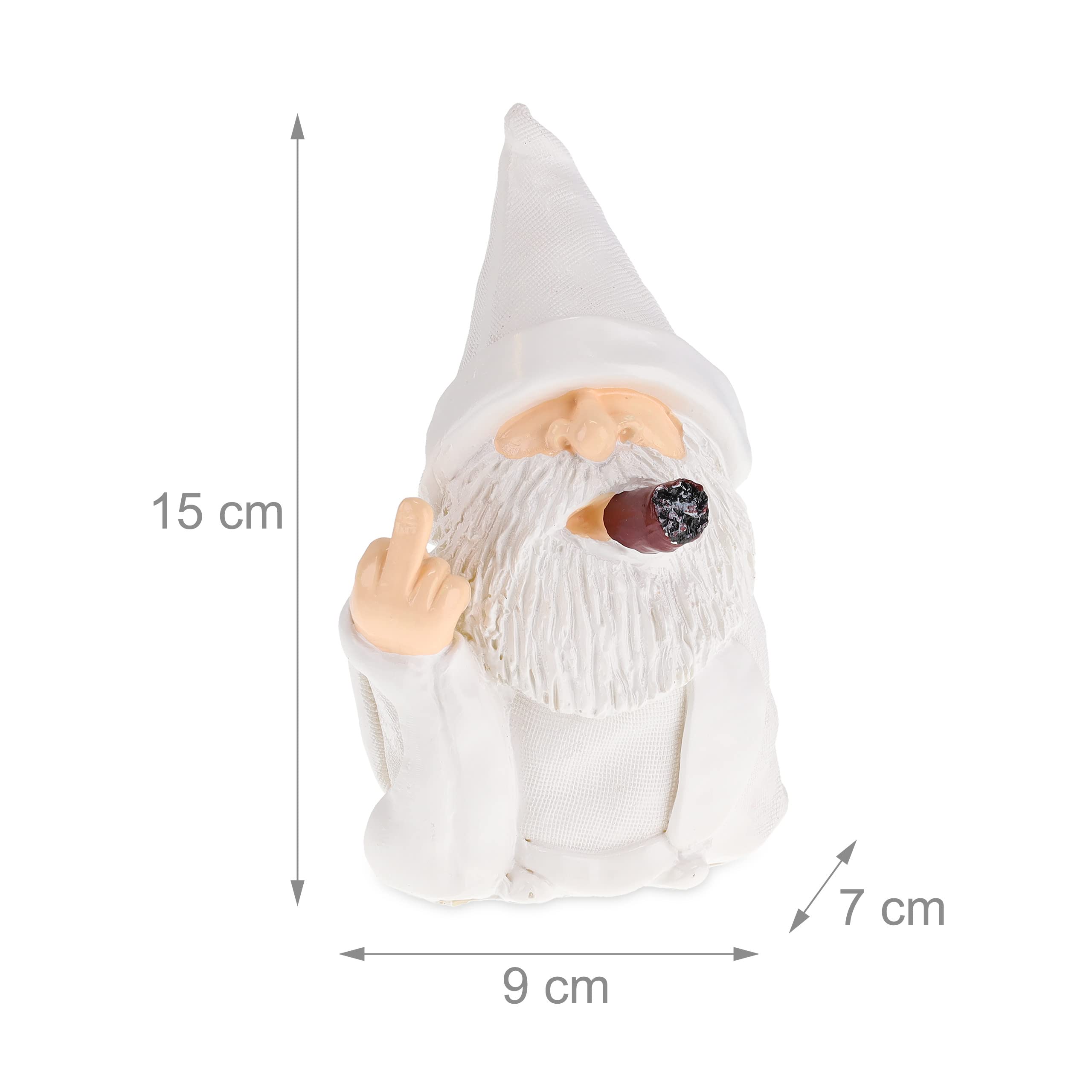 Relaxdays Gnome with Cigar, Giving Middle Finger, Rude Figurine, Frost Resistant, Garden Statue, Polyresin, White, 15 x 9 x 7 cm