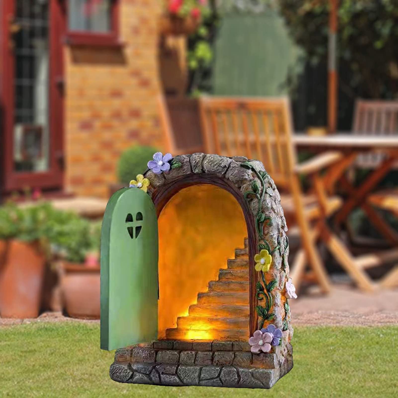 Jauhmui Fairy Garden Door - Glow in the Dark Miniature Tree Trunk, Retro & Mystical Elf Door, Solar Lights Statues, Garden Trees Decoration
