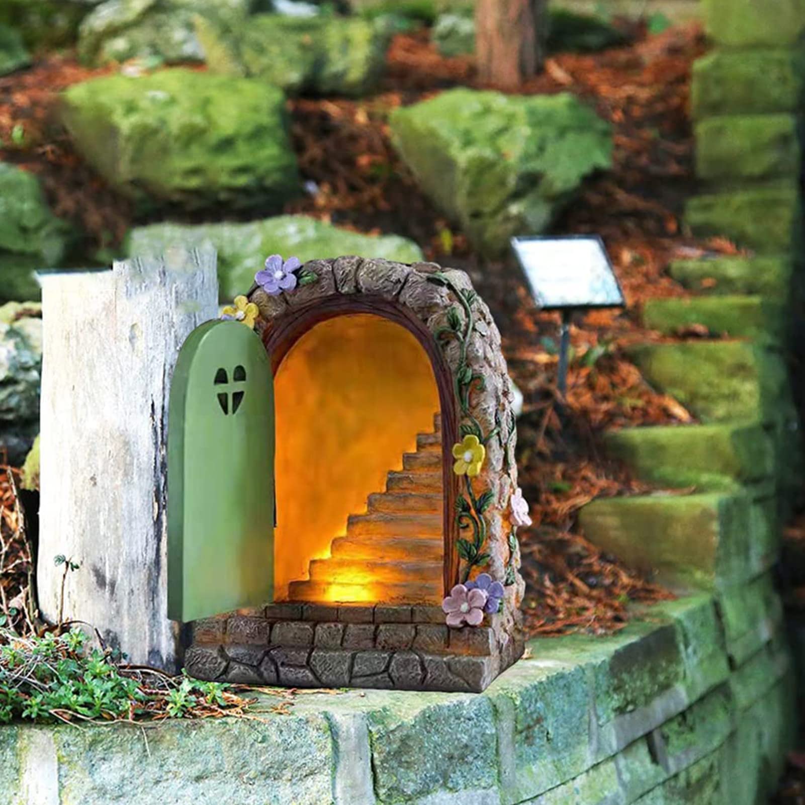 Jauhmui Fairy Garden Door - Glow in the Dark Miniature Tree Trunk, Retro & Mystical Elf Door, Solar Lights Statues, Garden Trees Decoration
