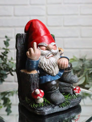 Ebros Gift Rude Mean Garden Greeter Go Away! Mr Gnome Dwarf with Squirrel On Tree Logs Chair Flipping The Bird Middle Finger Figurine As Whimsical Decor Magical Fantasy Gnomes