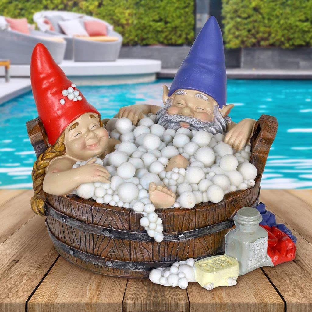 Solar Good Times Bubble Bath Gnomes, Funny Garden Gnome Couple in Bathtub LED Solar Statue Figurine for Outdoor Lawn Patio Yard Landscape Christmas Decorations